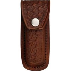 Sheath SH1092 Folding Knife Belt Sheath With Dark Brown Leather Embossed Basketweave Design