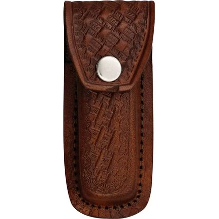 Sheath SH1092 Folding Knife Belt Sheath With Dark Brown Leather Embossed Basketweave Design