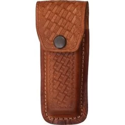 Sheath 1132 Folding Knife With Dark Brown Leather Embossed Basketweave Design