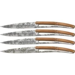 Deejo 4AB011 Steak Mirror Toile De Jouy With Olive Wood Handle